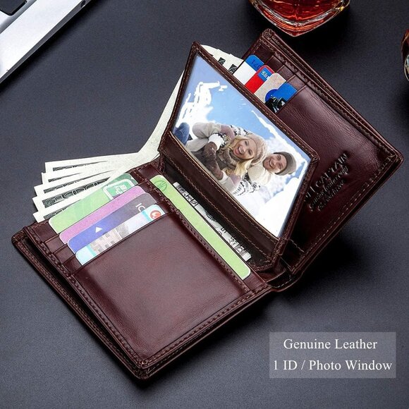 Men Brown Large Capacity Genuine Leather Bifold Wallet with 15 Card Slots - Picture 3 of 6